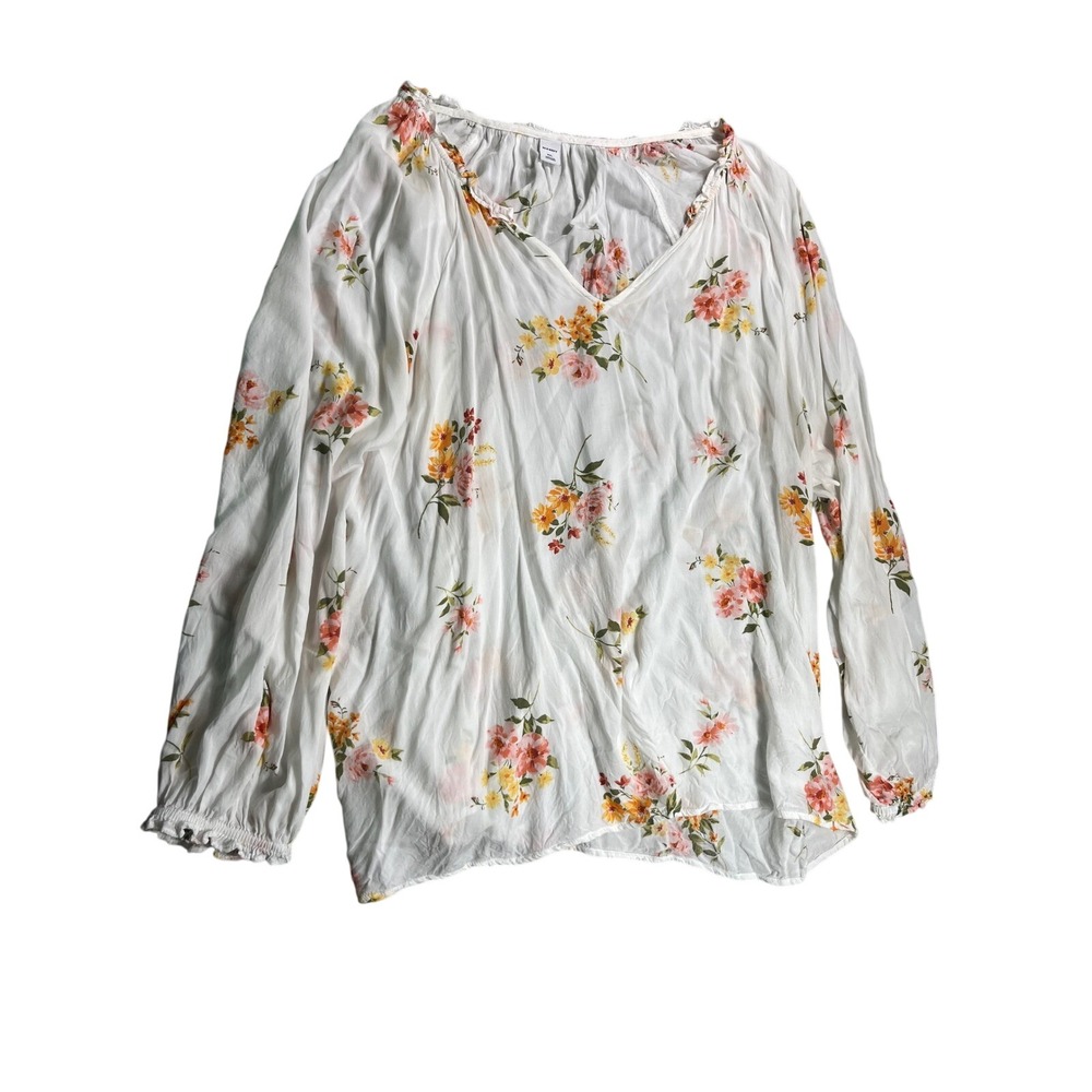 Old Navy Womens XXL White Floral Blouse V Neck Long Sleeve Boho Peasant Top